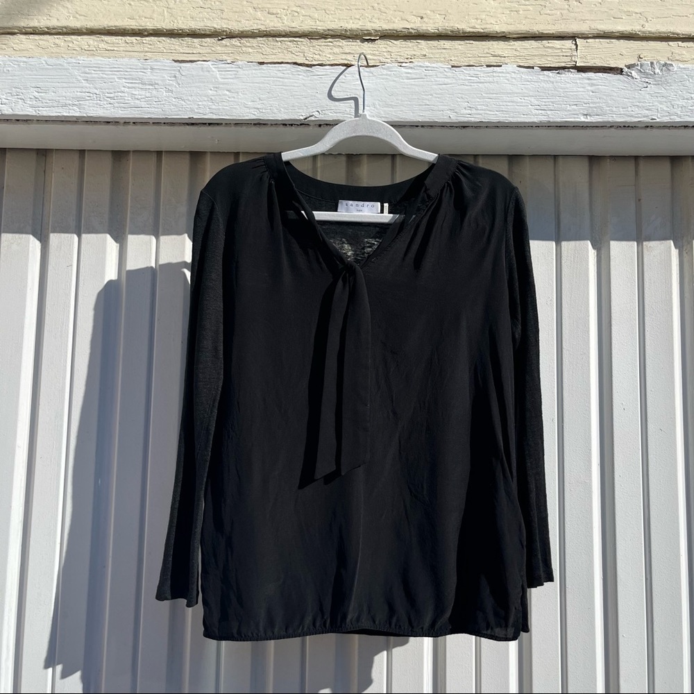Sandro Paris black knit tie front long sleeve top
